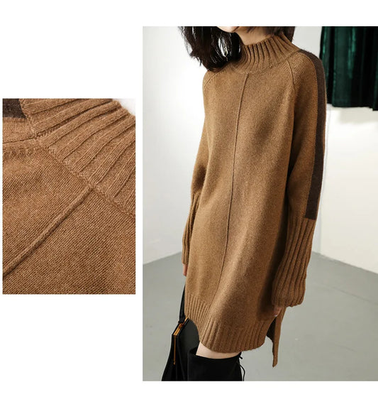 Turtleneck Knitted Sweater Women Pullovers Dress Autumn Winter Warm Thick Jumpers Wool Knit Crochet Y2k Split Jumper Cardigan