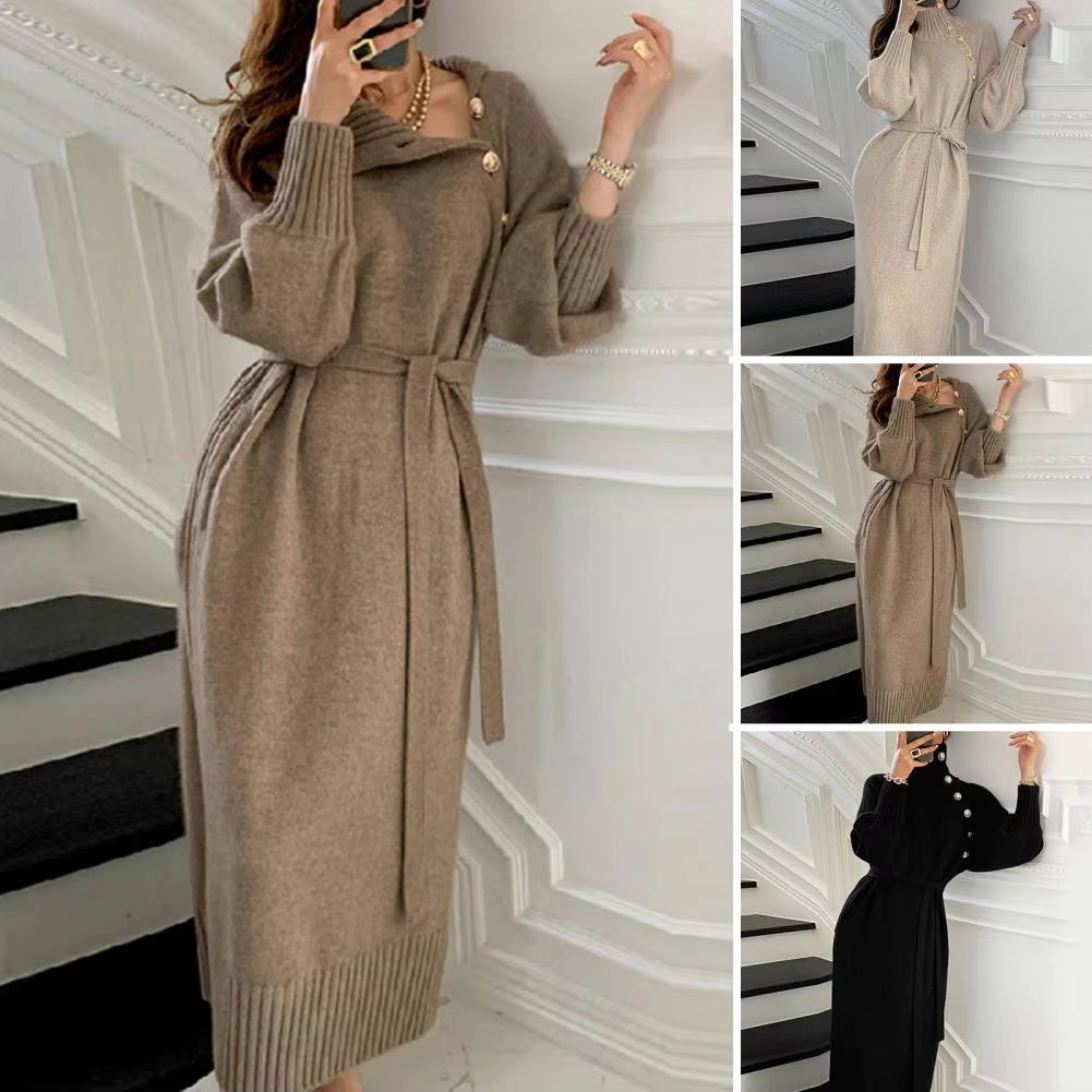 Vintage Turtleneck Buttons Long Sleeve Long Dresses Winter Fashion Casual Loose Knitwear Warm Women Knitted Dress Black Apricot