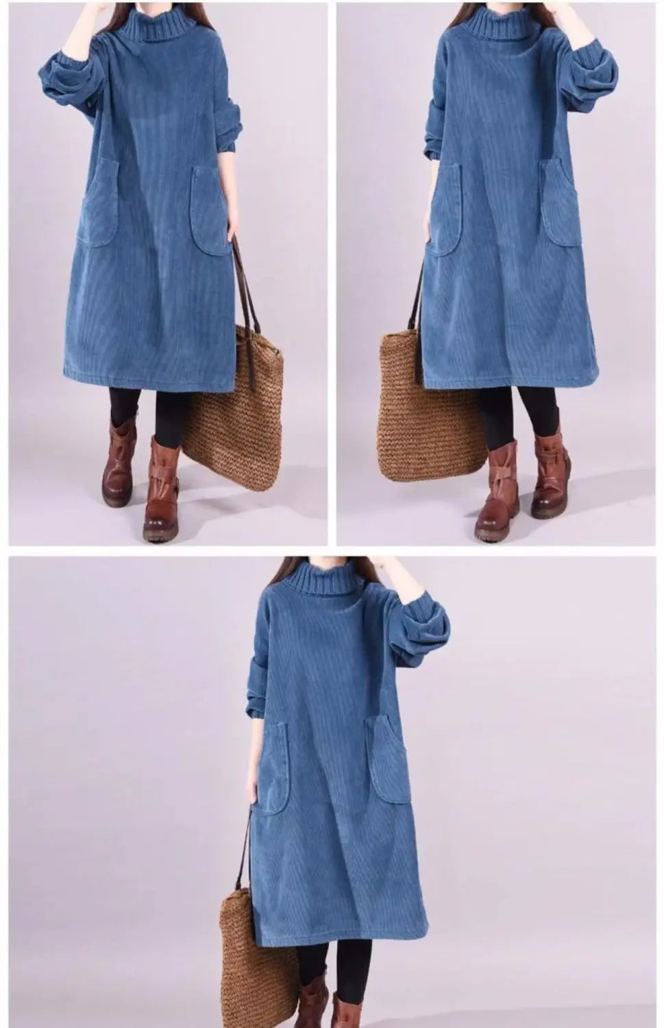 Women Autumn Winter Dress New Retro Corduroy Vestidos Add Velvet High Neck Dress Mid-Length Loose Pullover Sweater Female 2023