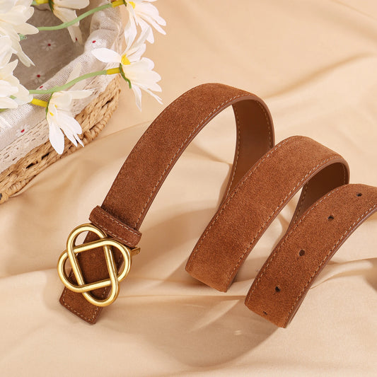 2025 New 2.8cm Wide Suede Cowhide Belt for Women, Vintage Style with Retro Golden Buckle, Skinny Waistband for Dresses & Jeans