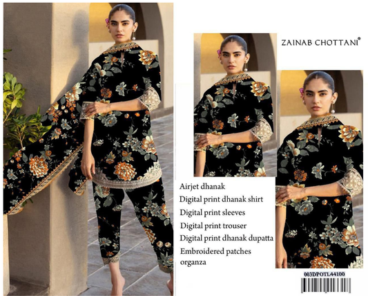 BLACK DHANAK 3PIECE DIGITAL PRINT BY ZAINAB CHOTTANI