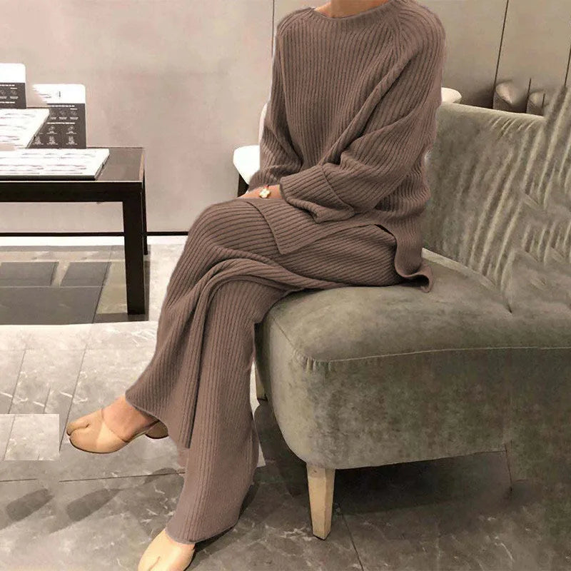 2025 Autumn Women New Loose Round Neck Long Sleeve Pullover + Straight Wide-leg Trousers Two-piece Suit Women's Home Casual Suit