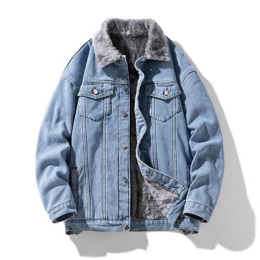 Winter Men's Fleece-Lined Denim Jacket Korean Fashion Windproof Warm Multi-Pocket Lapel Jacket Man High Street Vintage Jean Coat