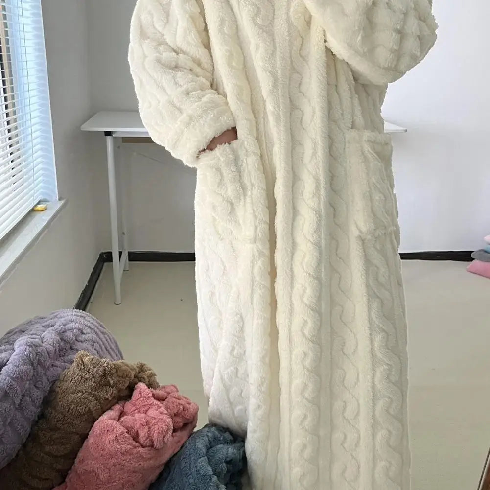 Winter Long Sleeve Double Pocket Flannel Nightgowns Women Loose Solid Sleepwear Jacquard Night Dress Thickened Warm Nightdress