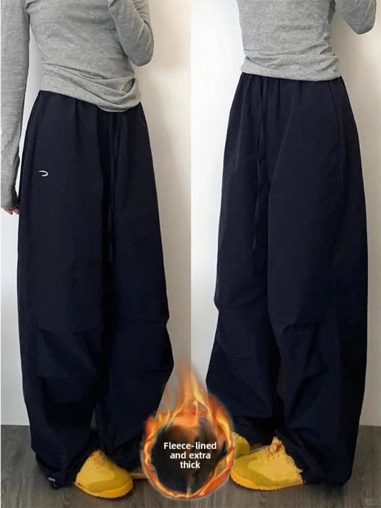 Women's Plush Charge Pants, Autumn, Winter Collection, Korean Style, Loose Casual Sports Trousers for Students