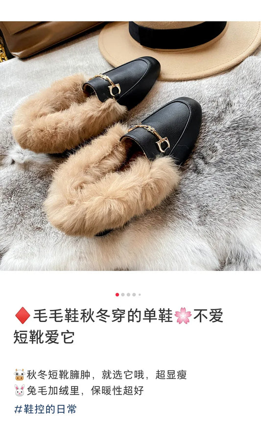 Retro Loafers 2024 Fashion Women's Shoes Autumn and Winter Women Velvet Warm Flat-bottomed Rabbit Fur Leather Shoes