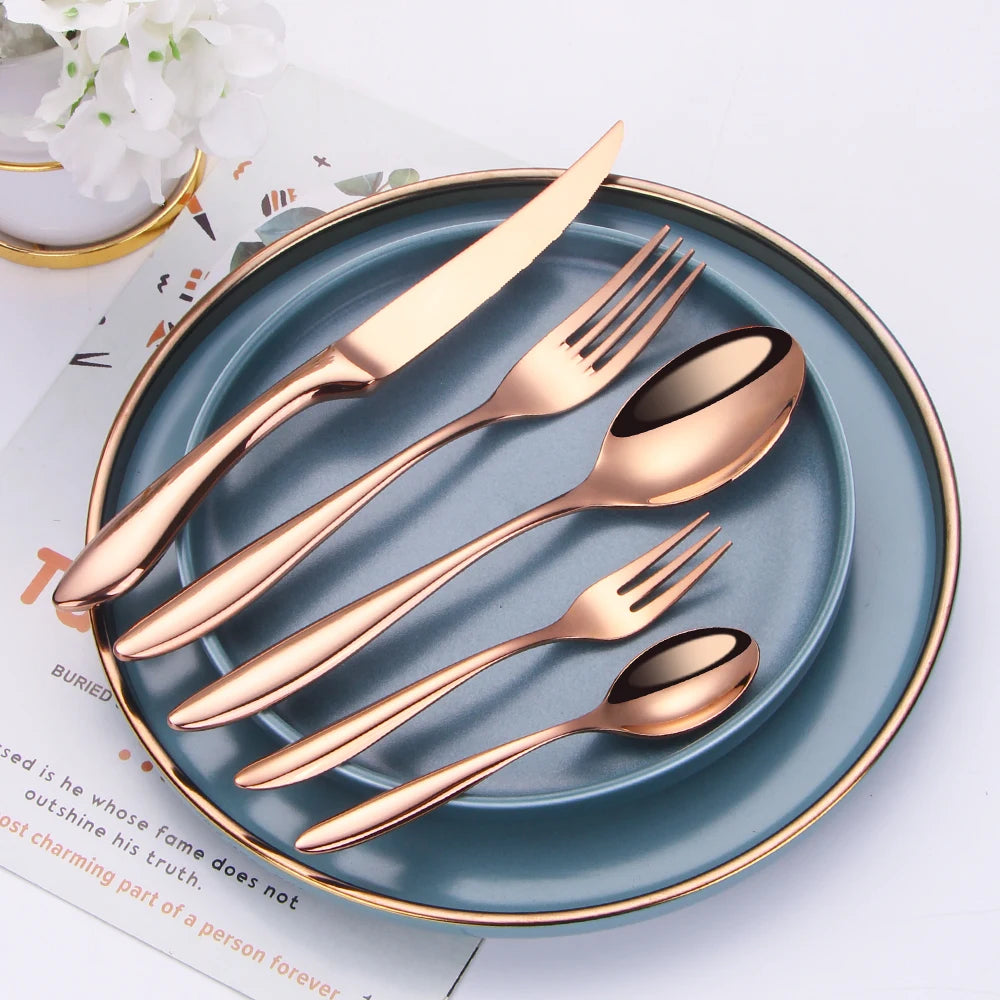 6Pcs Elegant Sliver Tableware Set Stainless steel 304 Cutlery Mirror Rose Knife Gold Fork High Polish Western Dinner Set