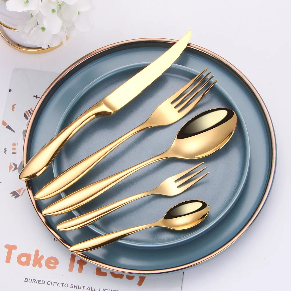 6Pcs Elegant Sliver Tableware Set Stainless steel 304 Cutlery Mirror Rose Knife Gold Fork High Polish Western Dinner Set