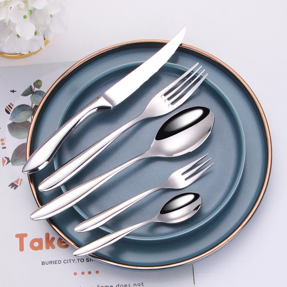 6Pcs Elegant Sliver Tableware Set Stainless steel 304 Cutlery Mirror Rose Knife Gold Fork High Polish Western Dinner Set