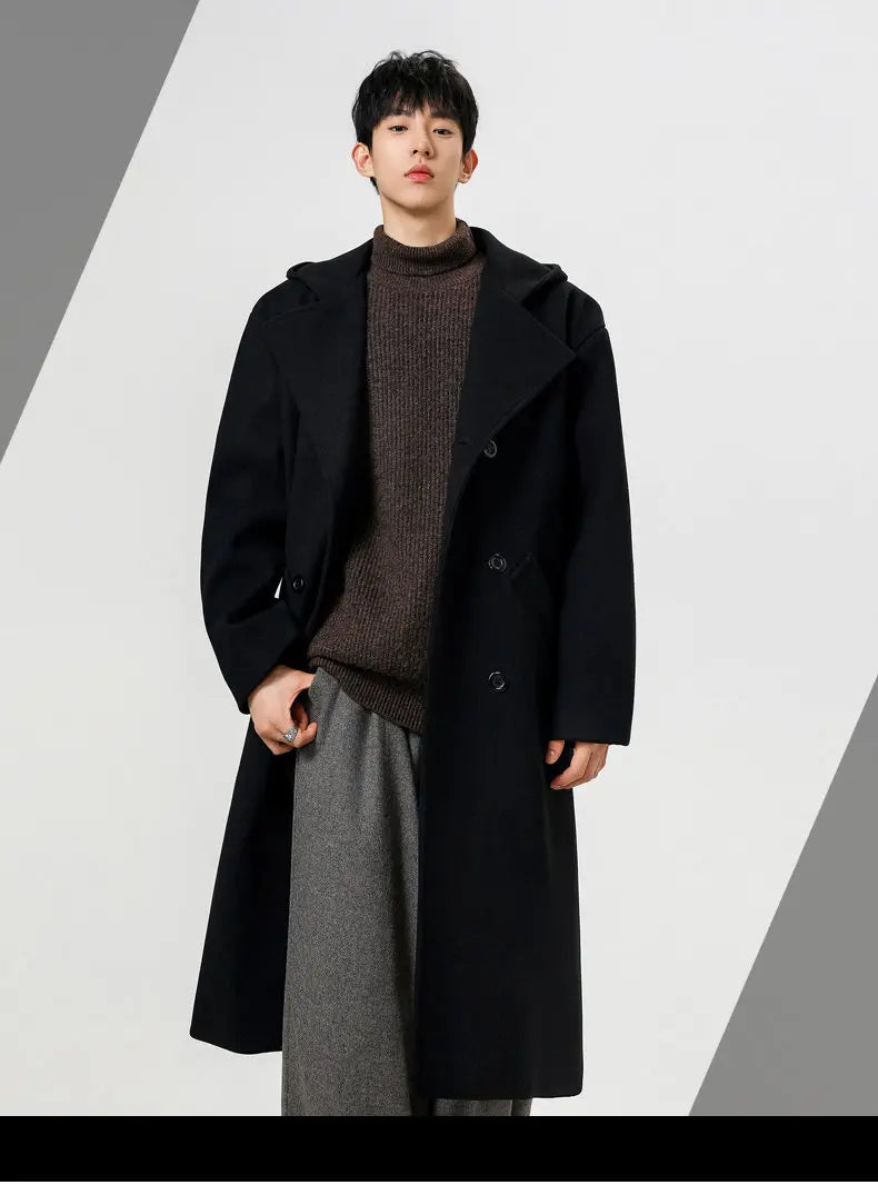 Trench men 2025 new autumn winter men imitation wool fabric hooded wool overcoat suit collar double breasted mid long length