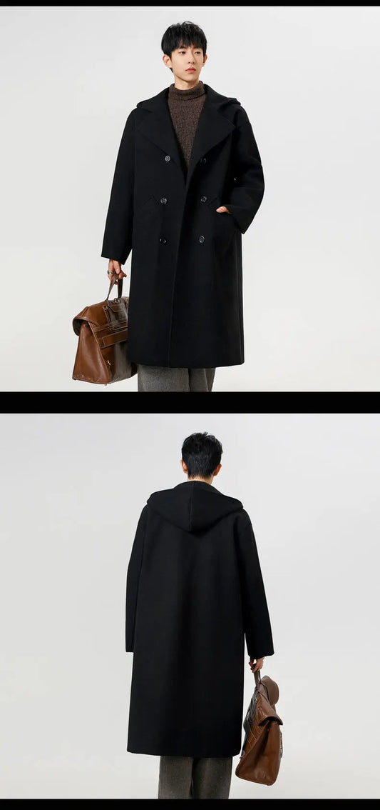 Trench men 2025 new autumn winter men imitation wool fabric hooded wool overcoat suit collar double breasted mid long length