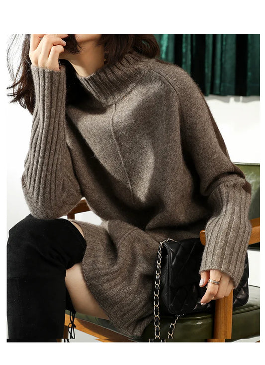 Turtleneck Knitted Sweater Women Pullovers Dress Autumn Winter Warm Thick Jumpers Wool Knit Crochet Y2k Split Jumper Cardigan