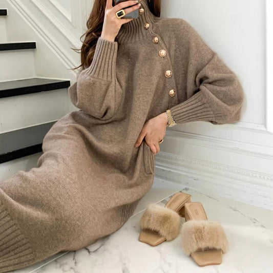 Vintage Turtleneck Buttons Long Sleeve Long Dresses Winter Fashion Casual Loose Knitwear Warm Women Knitted Dress Black Apricot