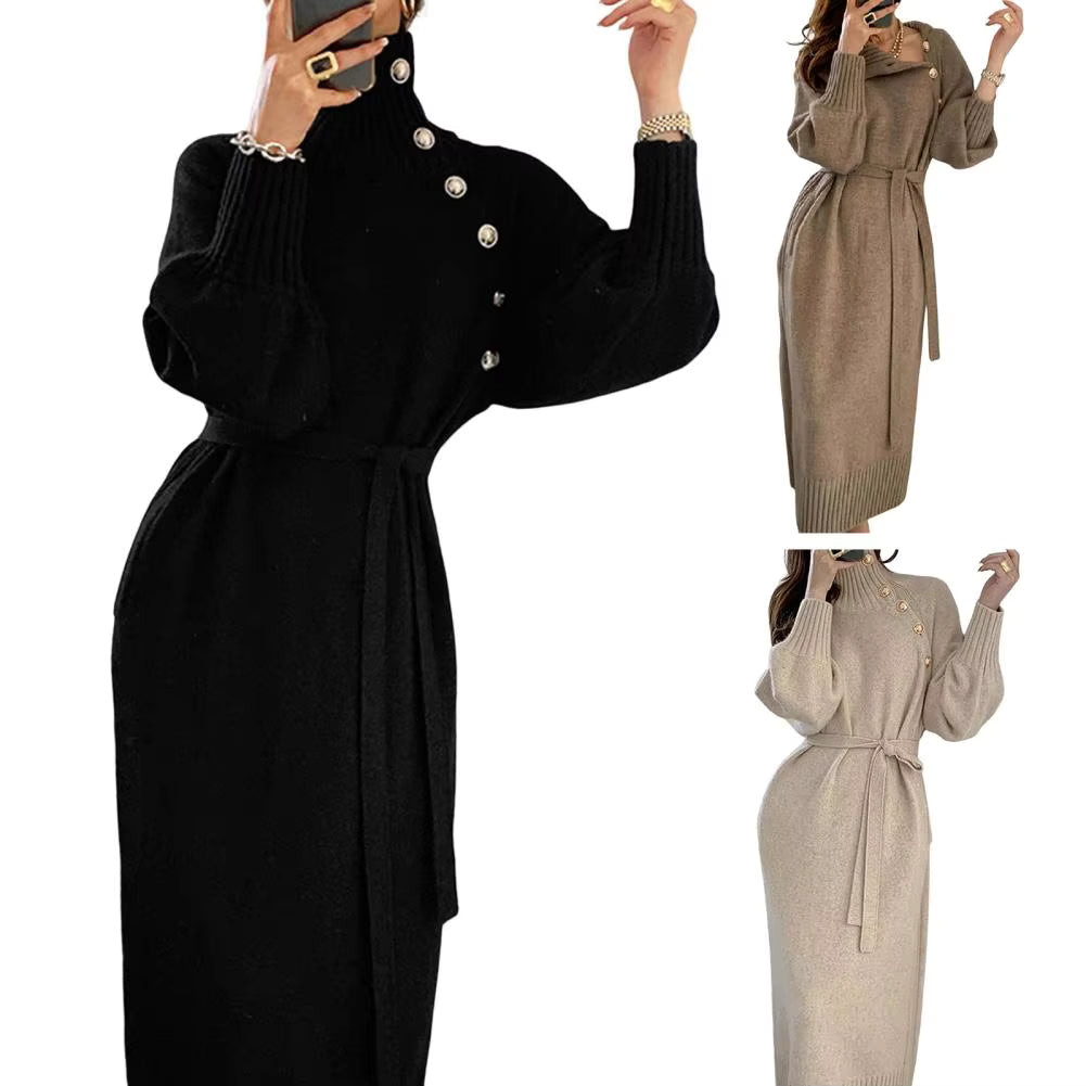 Vintage Turtleneck Buttons Long Sleeve Long Dresses Winter Fashion Casual Loose Knitwear Warm Women Knitted Dress Black Apricot